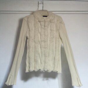 Gaby & Eden Cream Cardigan Sweater Cocktail Jacket  L New Fur Collar
